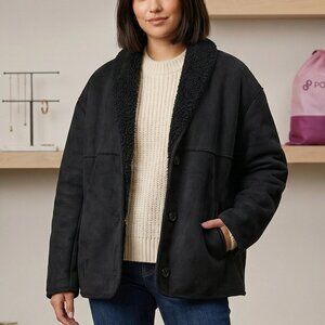 Aritzia Wilfred Free Black Faux Suede Sherpa Deanna Button Coat Jacket Size S